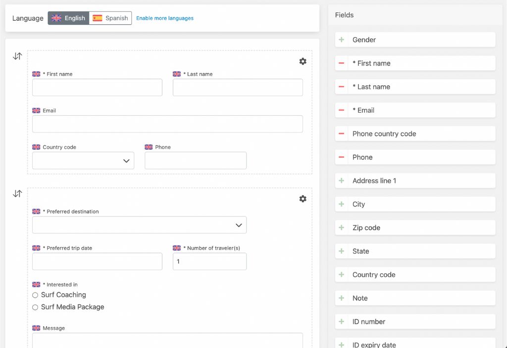 A screenshot of Bookinglayer's inquiry form, showing a variety of custom fields.